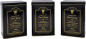Preview: 3 schwarze Edelstahldosen mit goldener Schrift. Gefüllt mit 350g Earl Grey, schwarzer Tee